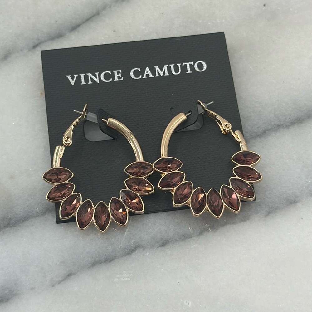 NWT Vince Camuto burgundy rhinestone encrusted gold hoops